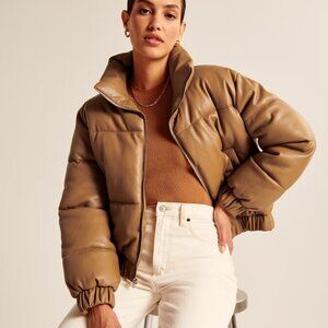 Abercrombie & Fitch Faux Leather Tan Puffer Jacket, Size S Small